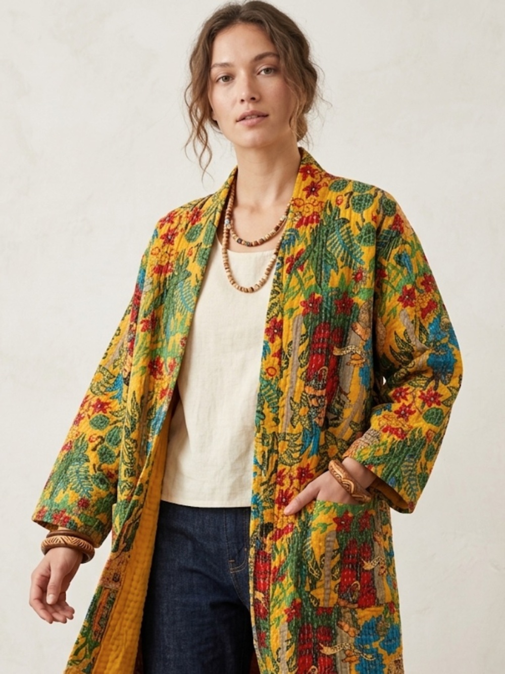 Frida Kahlo Print Cotton Kantha Kimono Robe Handmade Indian Boho Duster